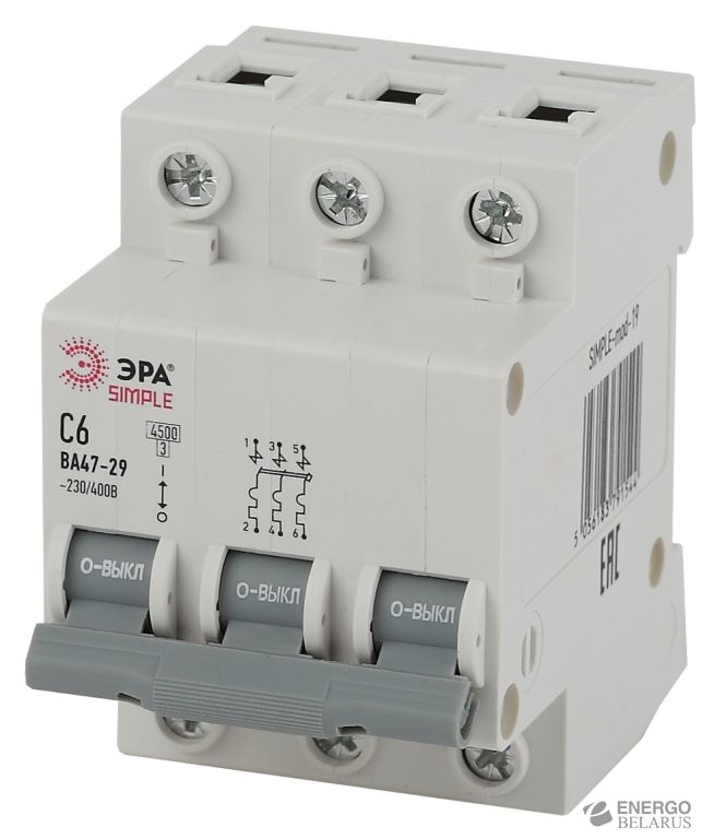 SIMPLE-mod-22 ЭРА SIMPLE Автоматический выключатель 3P 20А (C) 4,5кА ВА 47-29 (4/60/1680)
