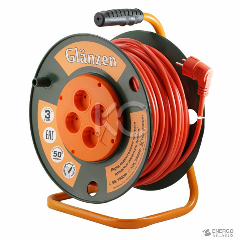 Удлинитель на катушке GLANZEN 4 гн. ПВС 2х2,5 (50 м)