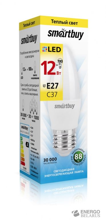 Лампа светодиодная (LED) Smartbuy-C37-12W/3000/E27