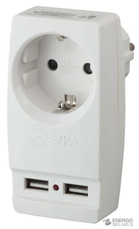 SP-1e-USB-W ЭРА Адаптер "Polynom" 1гн 220V + 2xUSB 2100mA, c заземл, (белый) (10/60/1440)
