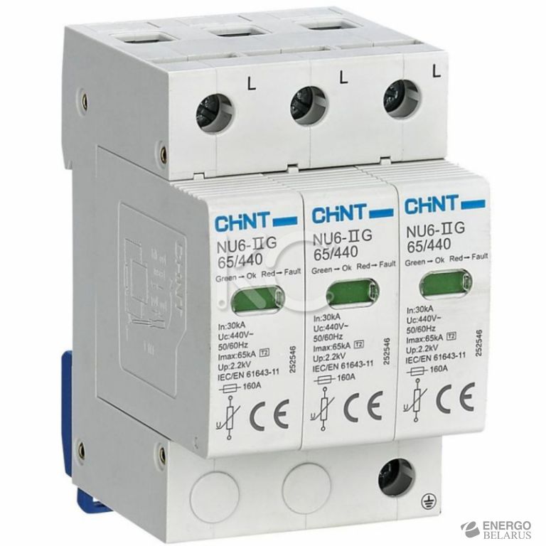 Ограничитель импульсных перенапряжений NU6-IIG 3Р In=25kA Uc=440B Im=65kA (R)(CHINT)