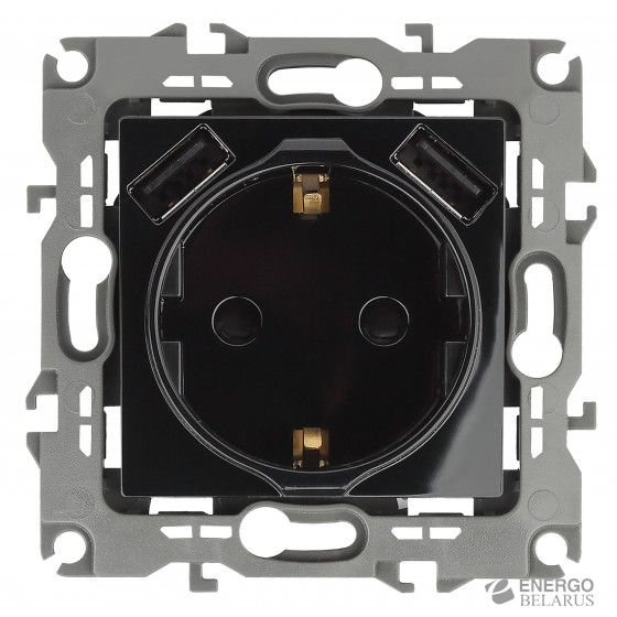 12-4109-06 ЭРА Розетка 2P+E 16A-250В, штор. с 2xUSB 5В-3А, Эра12, чёрный