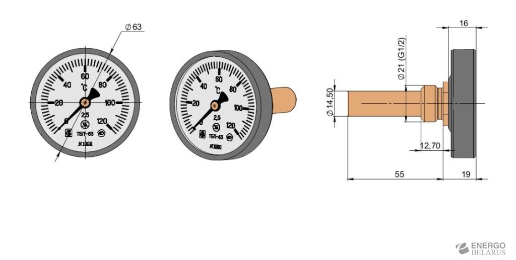 Термометр биметаллический показывающий ТБП63/160/Т3