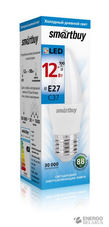Лампа светодиодная (LED) Smartbuy-C37-12W/6000/E27
