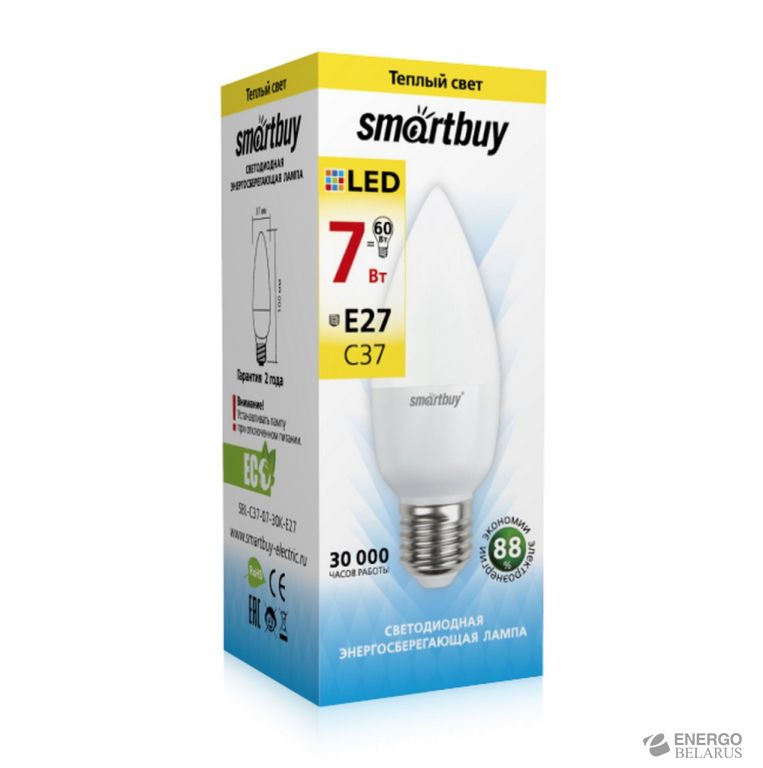 Лампа светодиодная (LED) Smartbuy-C37-07W/3000/E27