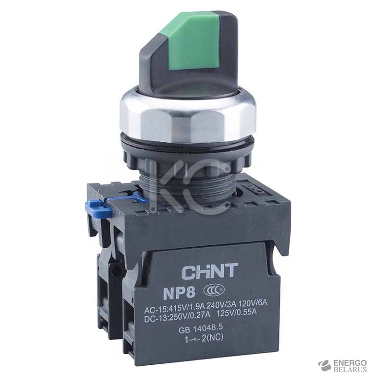 Переключатель без подсветки NP8-11X/213, 2 положения с фиксацией, зелёная 1НО+1НЗ IP65 (R) (CHINT)