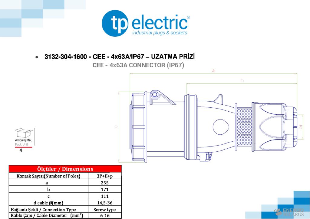 Розетка переносная (3P+PE+p) IP67 4x63A 3132-304-1600