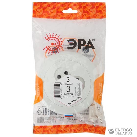 ЭРА UR(6)-3-3m ЭРА рулетка без заземл., 3гн, 3м, ШВВП, 2x0.75мм2, 6А (УХ6-103) (5/20/600)