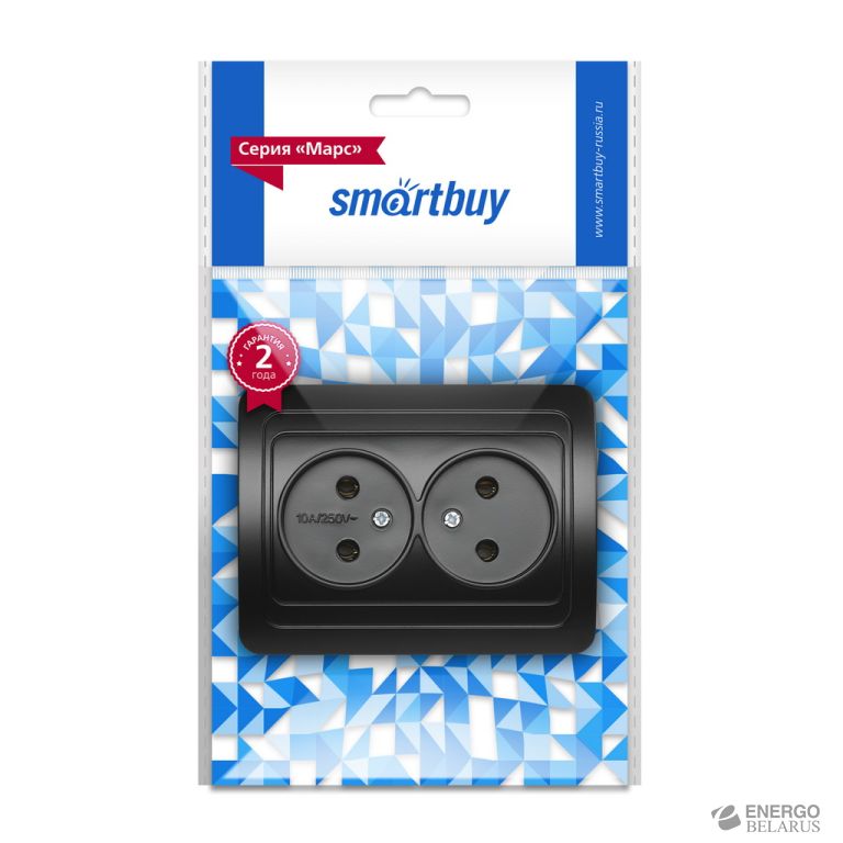 Розетка 2-местная без заземления 10А черная, керамика "Марс", Smartbuy