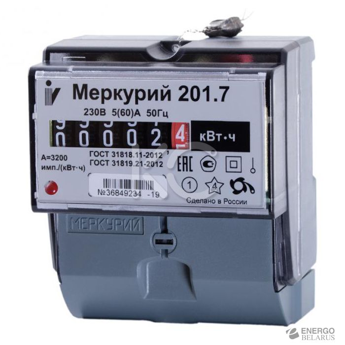 Электрический счетчик Меркурий (201.7, 5-60А, 1 кл. точн., 230В, Дин-рейка)