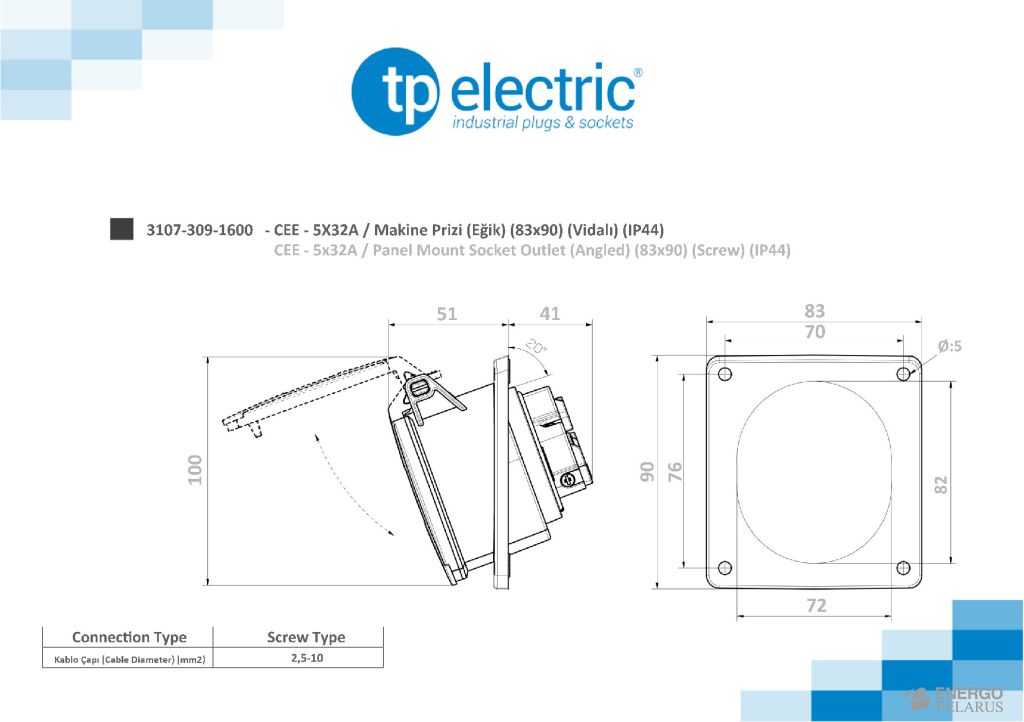 Розетка встраиваемая наклонная (3P+N+PE) IP44 5x32A 3107-309-1600