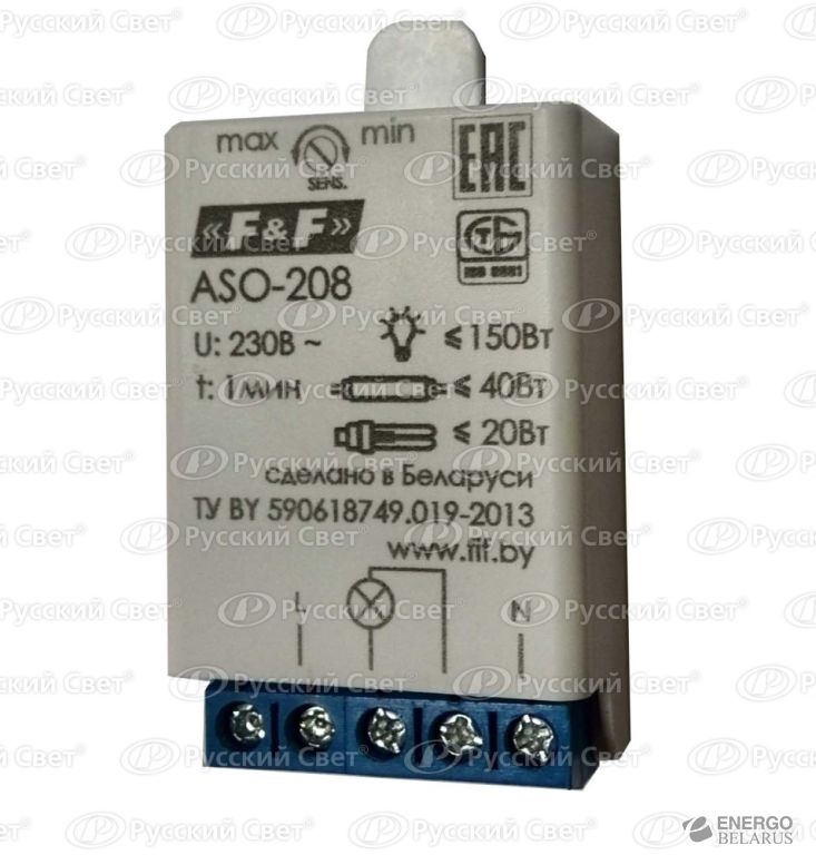 Автомат лестничный ASO-208 с акустич. датчиком (регулируемый акустич/порог фотодатчик для любых ламп 230В 0.7А 1 перекл/контакт IP40) F&F EA01.004.002