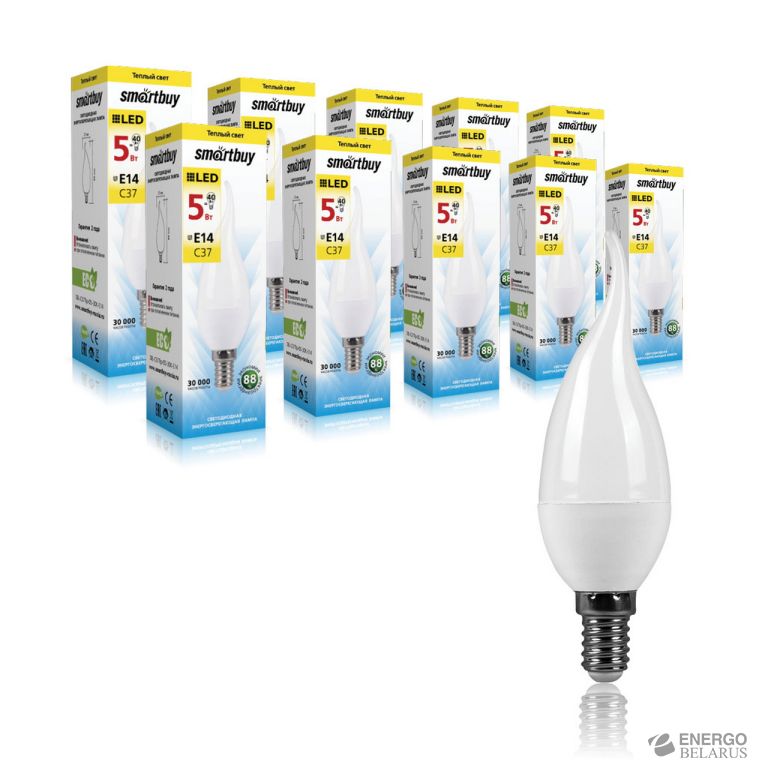 Лампа светодиодная (LED) свеча на ветру Smartbuy-C37-05W/3000/E14