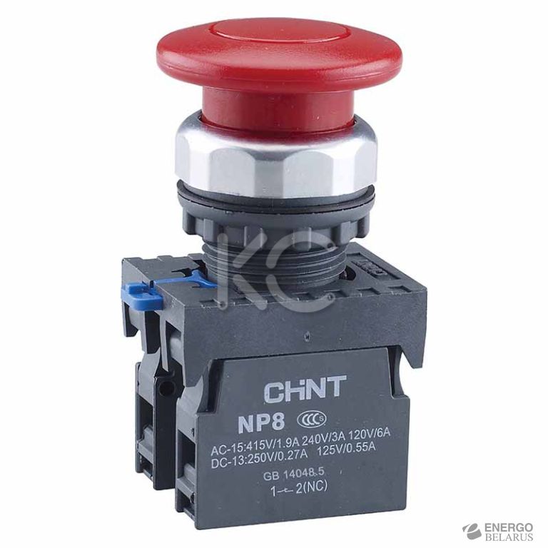 Кнопка управления Грибок d40мм (2) с самовозвратом NP8-01M/1 без подсветки красная 1НЗ IP65 (R)(CHINT)