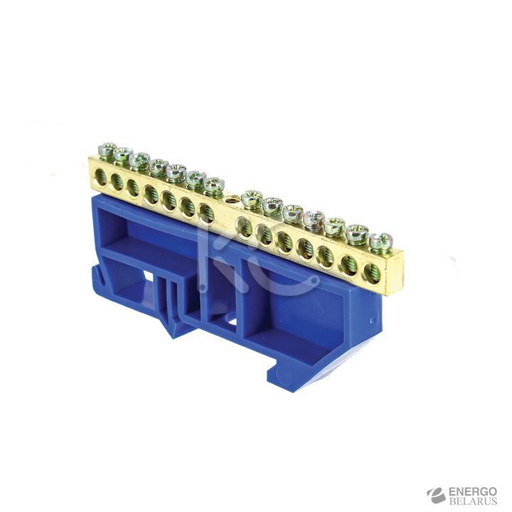 Шина 0 N (6х9мм) 14 отверстий латунь синий изолятор на DIN-рейку КС