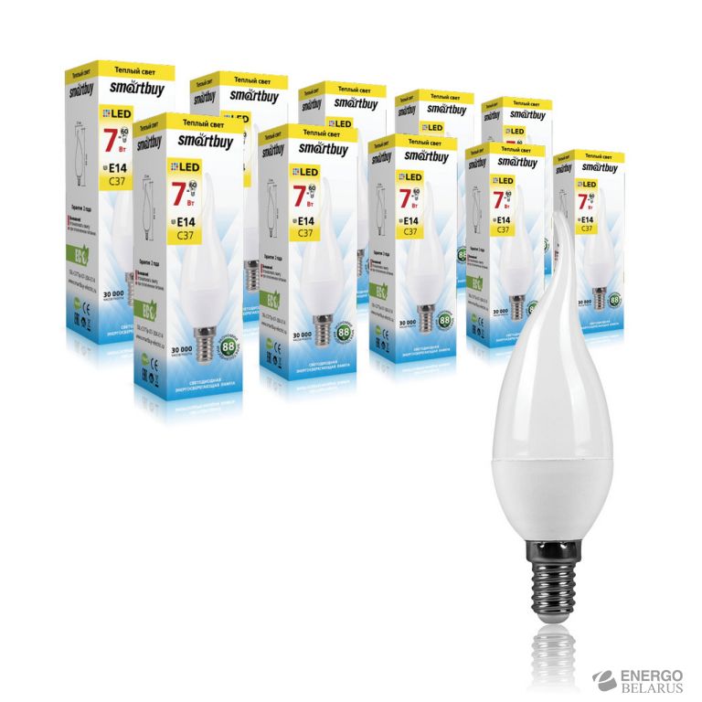 Лампа светодиодная (LED) свеча на ветру Smartbuy-C37-07W/3000/E14