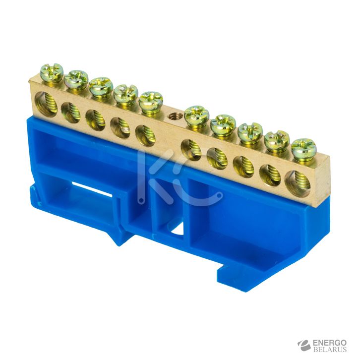 Шина 0 N (6х9мм) 10 отверстий латунь синий изолятор на DIN-рейку КС