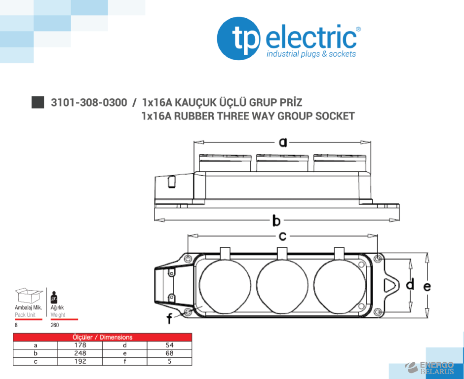 Розетка тройная черная (каучук) с защитными крышками IP44 1x16A 3101-308-0300