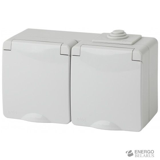 11-2604-03 ЭРА Розетка 2х2P+E гориз. IP65, шторки, 16A-250В, ОУ, серый