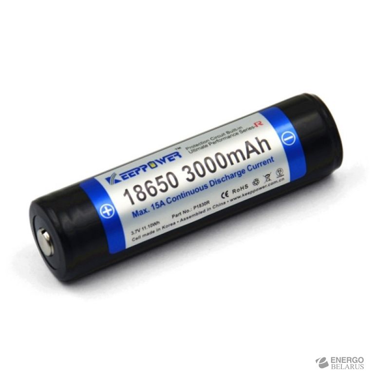 Аккумулятор KeepPower Li-ion с защитой 18650 R- серии 15A макс. (3.6 В, 3.0 А/ч) P1830R