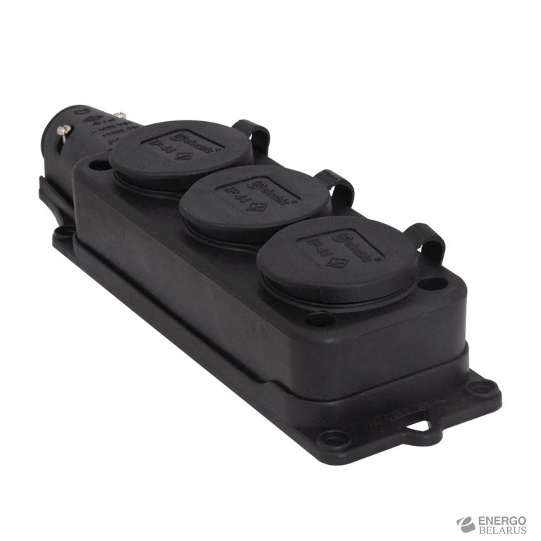 Розетка тройная черная (каучук) с защитными крышками IP44 1x16A 3101-308-0300