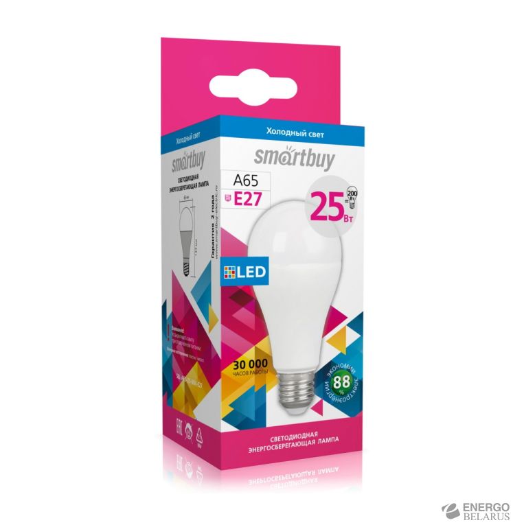 Лампа светодиодная (LED) Smartbuy-A65-25W/6000/E27