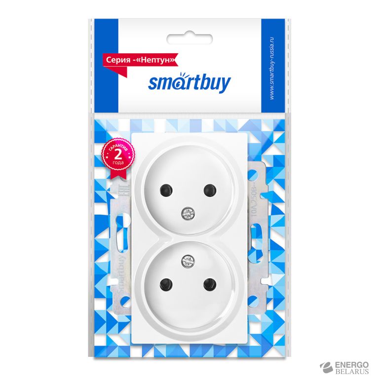 Розетка двойная без заземления белая, "Нептун" Smartbuy