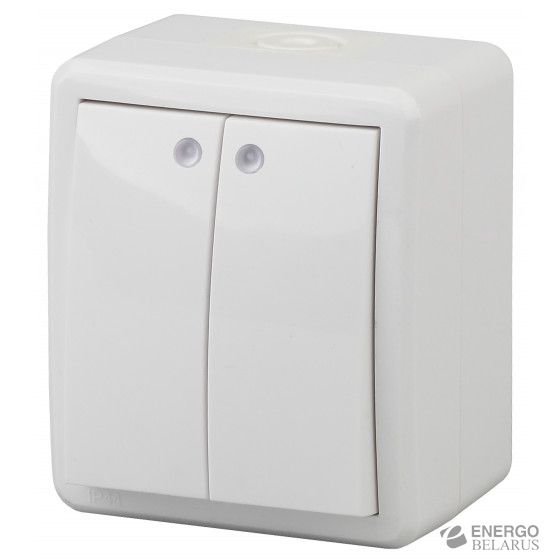 11-1405-01 ЭРА Выключатель двойной с подсветкой IP54, 10АХ-250В, ОУ, Эра Эксперт, белый