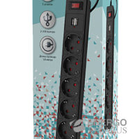 Удлинитель с функцией сетевого фильтра с USB, 10А, 2 200 Вт, 5 розеток, длина 1,...