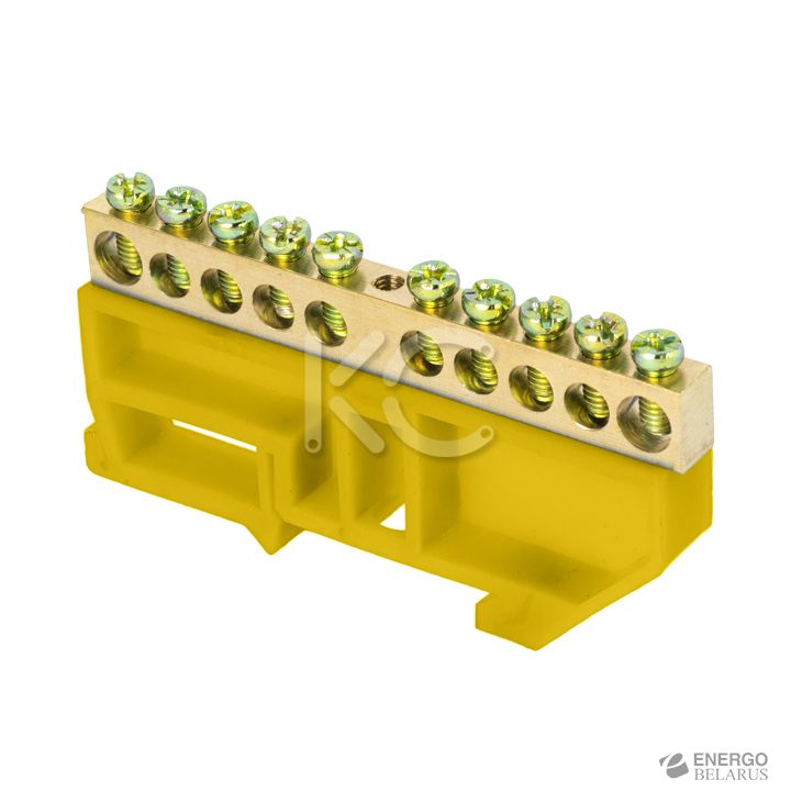 Шина 0 N (6х9мм) 10 отверстий латунь желтый изолятор на DIN-рейку КС