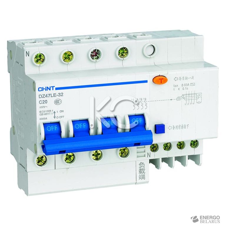 Дифференциальный автомат DZ47LE-63 4P 40A 30mA тип AC х-ка С 6kA (CHINT)