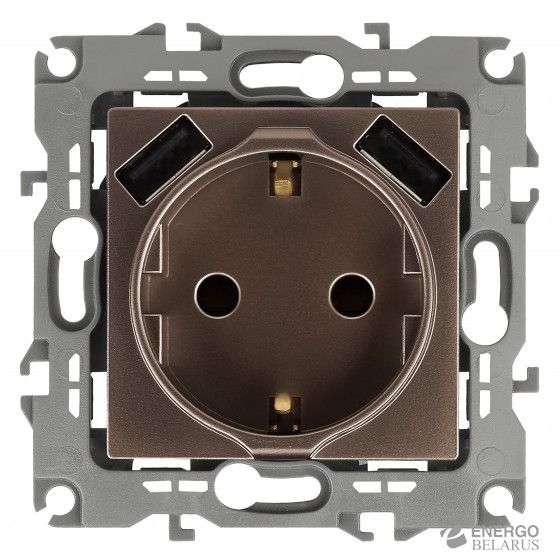 12-4109-13 ЭРА Розетка 2P+E 16A-250В, штор. с 2xUSB 5В-3А, Эра12, бронза