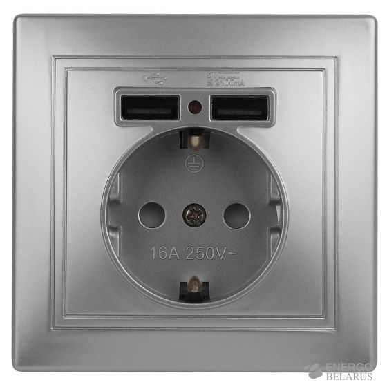 Розетка Intro Plano 1-410-03 с заземлением 2P+E Schuko со шторками, 16А-250В + 2хUSB 5В-2,1А, IP20, СУ, алюминий