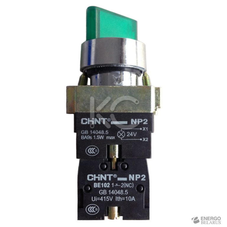 Переключатель NP2-BK12365, 2 положения с фиксацией 1НО+1НЗ, зелёная AC230В (LED) IP40 (CHINT)