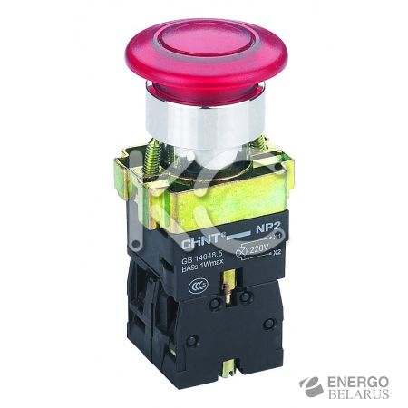 Кнопка управления Грибок d40мм с самовозвратом NP2-BW4462 с подсветкой красная 1НЗ IP40 (CHINT)