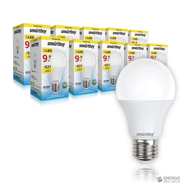 Лампа светодиодная (LED) Smartbuy-A60-09W/3000/E27-А