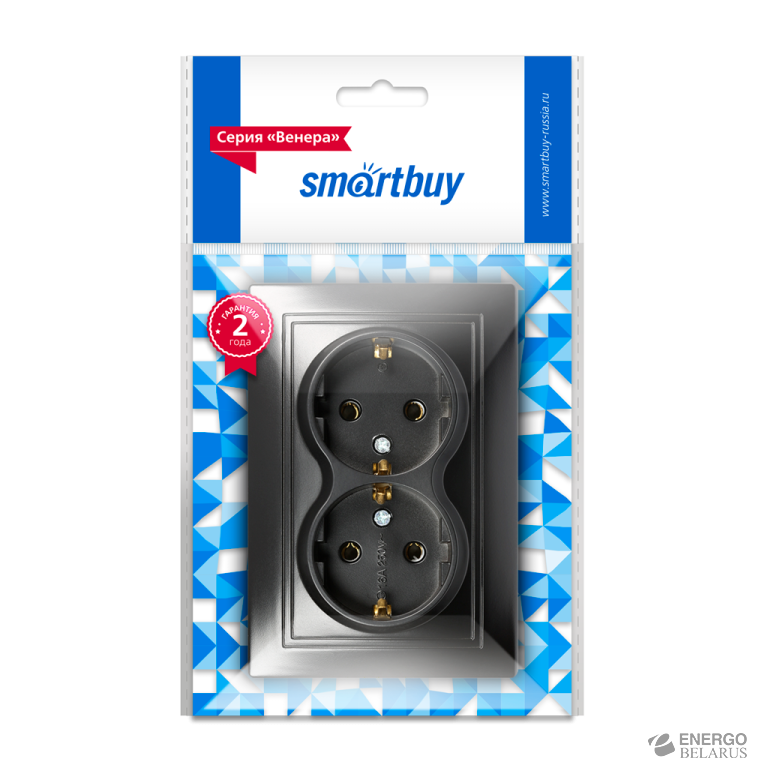 Розетка 2-местная с заземлением 16А черная, керамика"Венера", Smartbuy