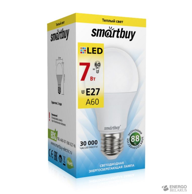 Лампа светодиодная (LED) Smartbuy-A60-07W/3000/E27-А