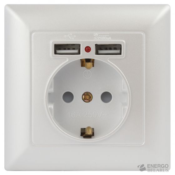 Розетка Intro Solo 4-410-06 с заземлением P+E Schuko со шторками, 16А-250В + 2хUSB, IP20, СУ, перламутр