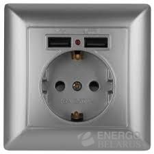 Розетка 4-410-03 Intro P+E Schuko со шторками, 16А-250В + 2хUSB, СУ, Solo, алюминий (10/100/2000)