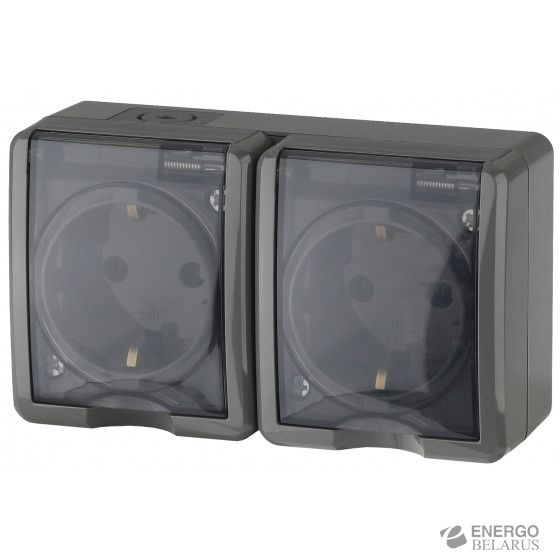 11-2403-03 ЭРА Розетка 2х2P+E IP54, 16A-250В, ОУ, Эра Эксперт, серый