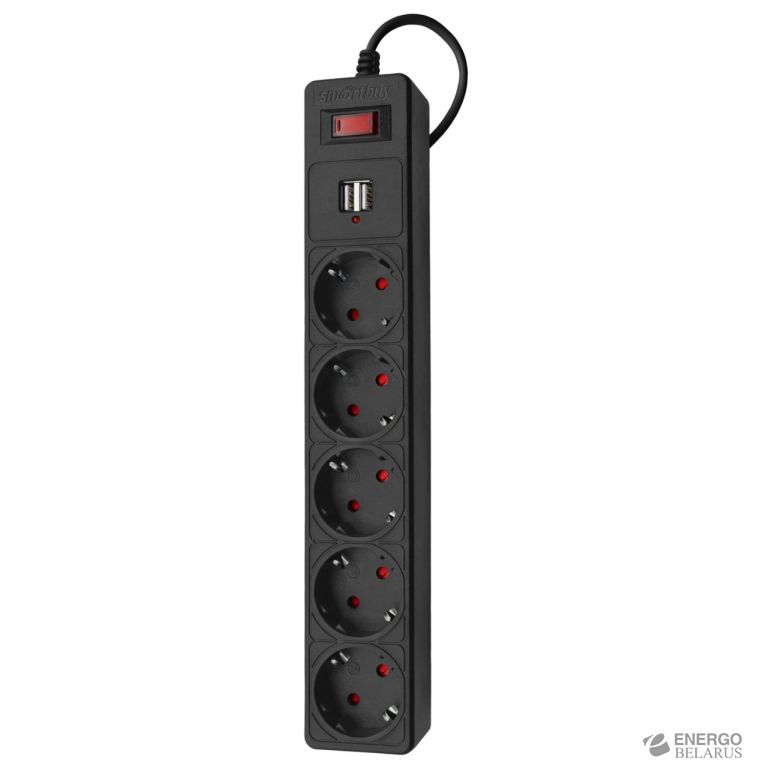 Удлинитель с функцией сетевого фильтра с USB, 10А, 2 200 Вт, 5 розеток, длина 1,...