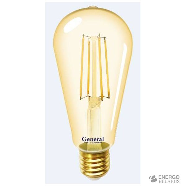 Лампа светодиодная декоративная филаментная GLDEN-ST64S-8-230-E27-2700 Золотая General