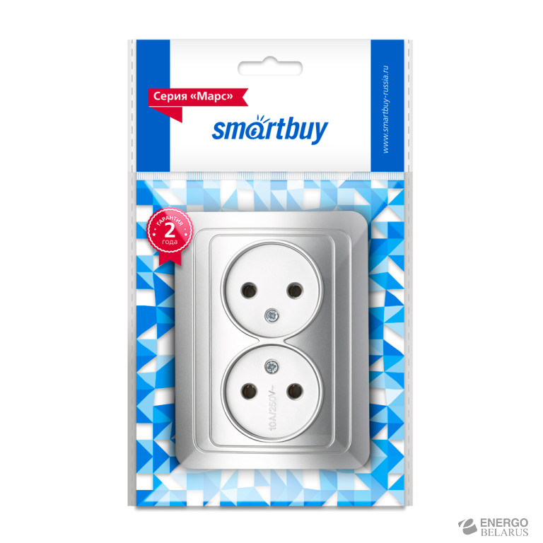 Розетка 2-местная без заземления 10А серебро, керамика"Марс", Smartbuy