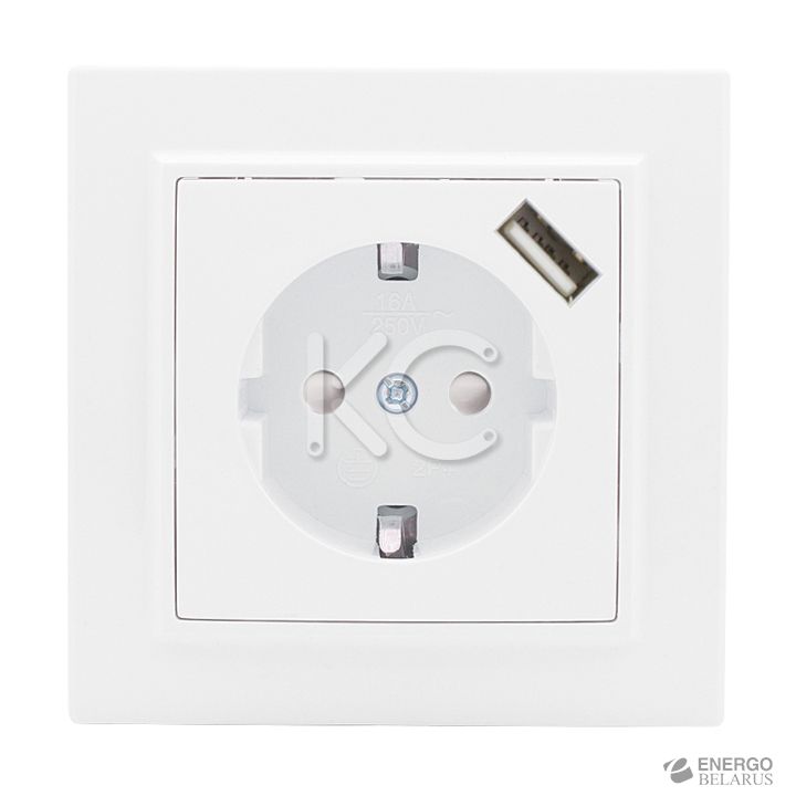 Розетка 1-местная Минск СП с заземлением 16А белая с защ. штор. с USB 1А EKF