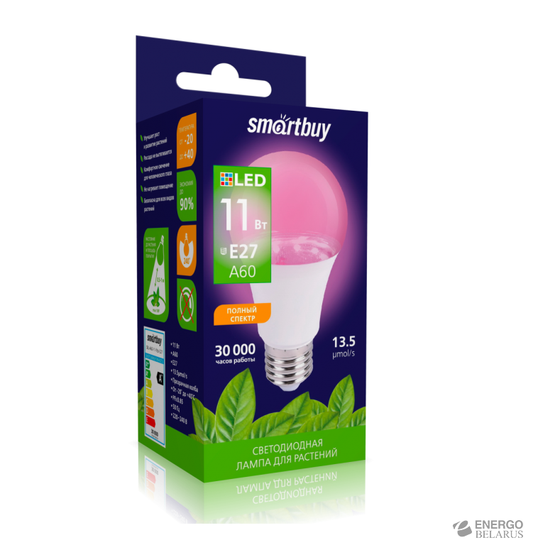 Лампа светодиодная (LED) Фито, Smartbuy SBL-A60-11-fito-E27