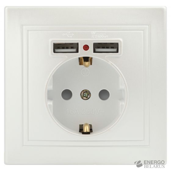 Розетка Intro Plano 1-410-06 с заземлением 2P+E Schuko со шторками, 16А-250В + 2хUSB 5В-2,1А, IP20, СУ, перламутр