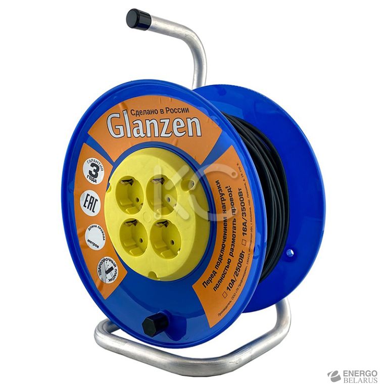 Удлинитель на катушке GLANZEN 4 гн. ПВС 3х1,5 (50 м)-N