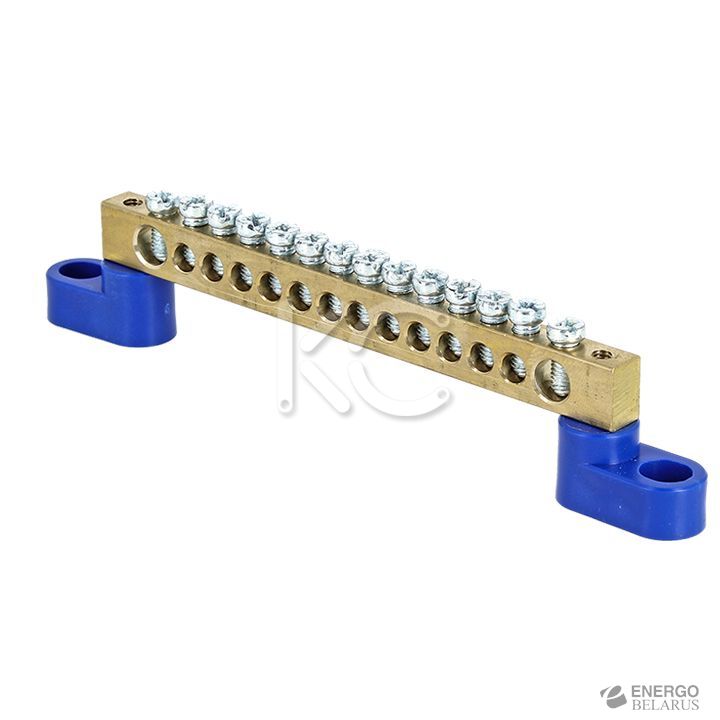Шина 0 N (6х9мм) 14 отверстий латунь 2 синих угловых изолятора КС
