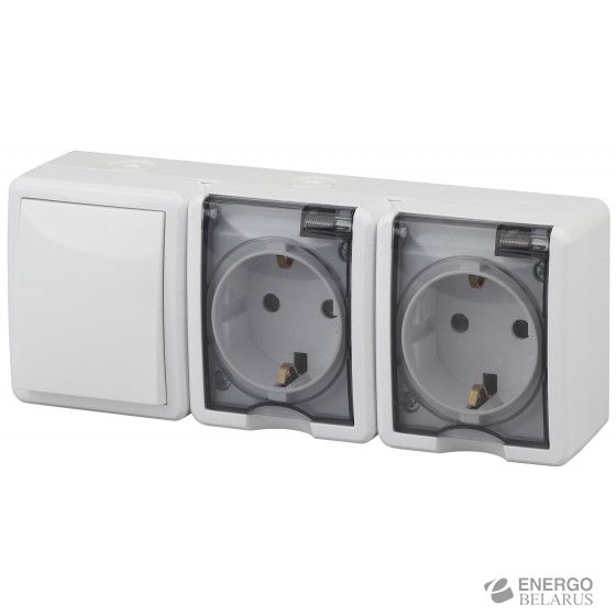 11-7403-01 ЭРА Блок две розетки+выключатель IP54, 16A(10AX)-250В, ОУ, Эра Эксперт, белый
